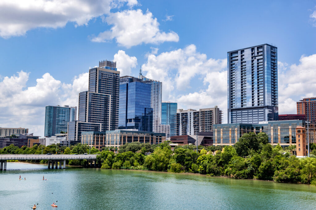 Downtown skyline of Austin, Texas, the USA. Colorado River